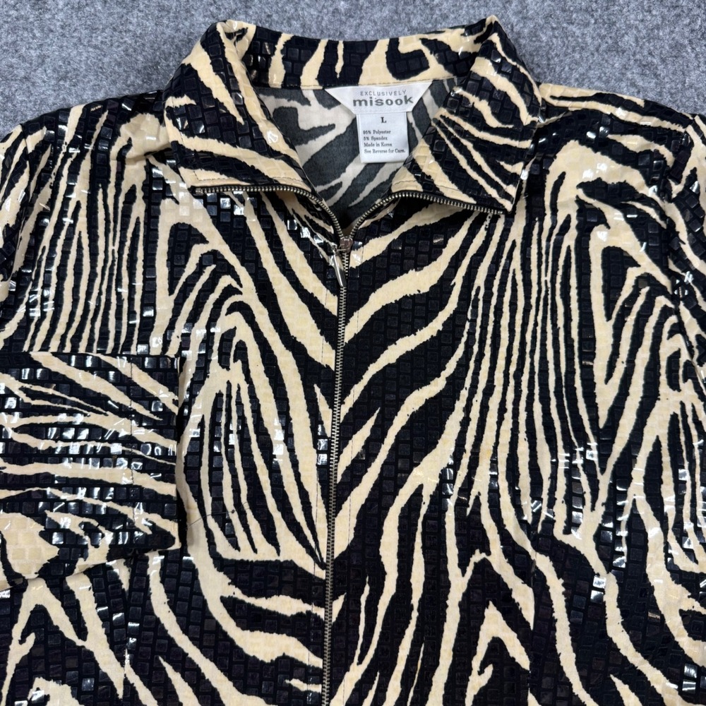 Misook Zip Up Jacket Womens Large Black Cream Zebra Print Textured Grid 
Sequin